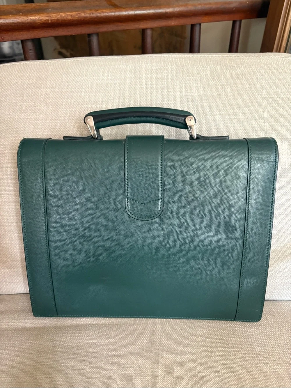 Men's Green Leather Laptop Briefcase with Top Handle